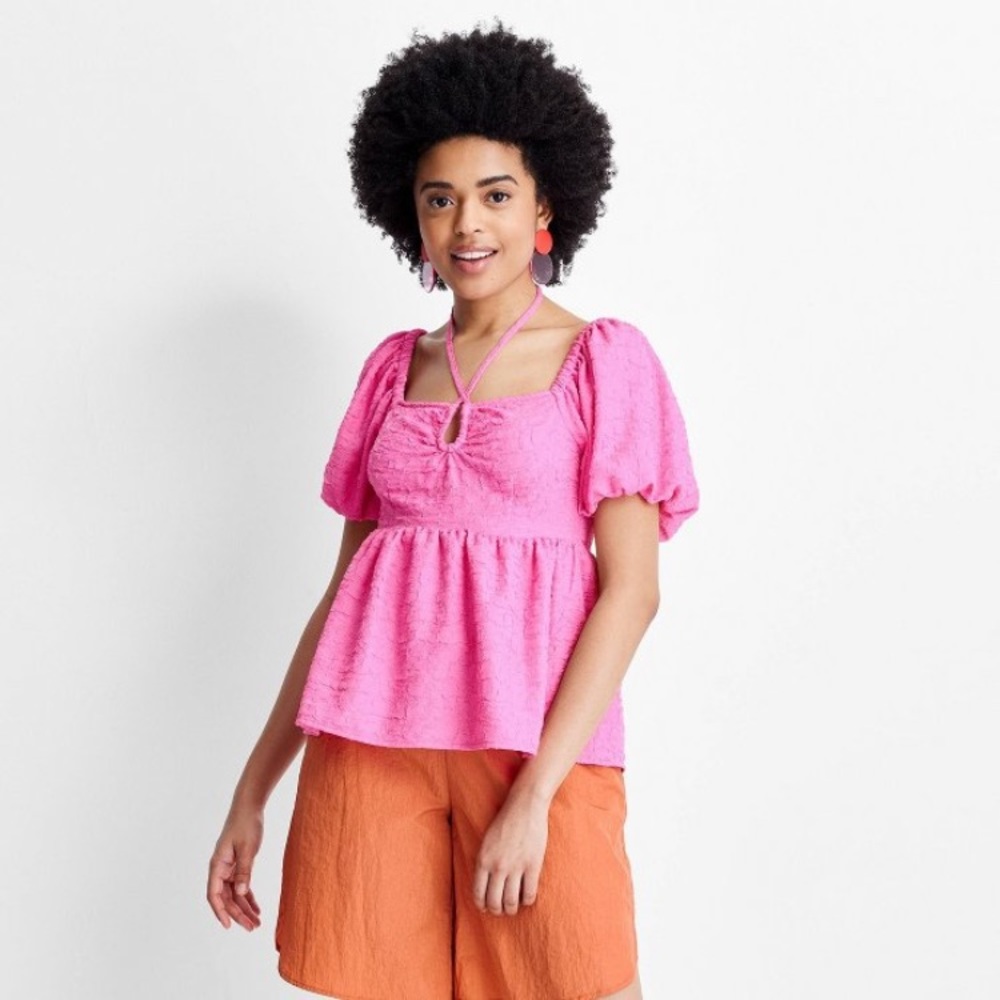NWOT Future Collective Square Tie Neck Puffed Short Sleeve Top
